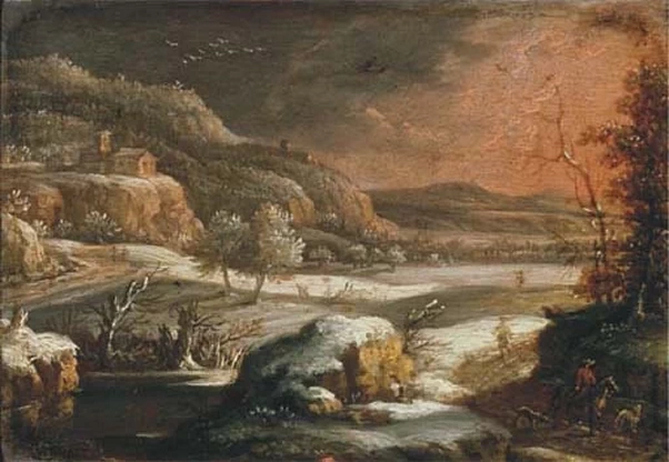 Johann Christian Vollerdt - 115, Un paesaggio invernale montuoso con viaggiatori su una pista